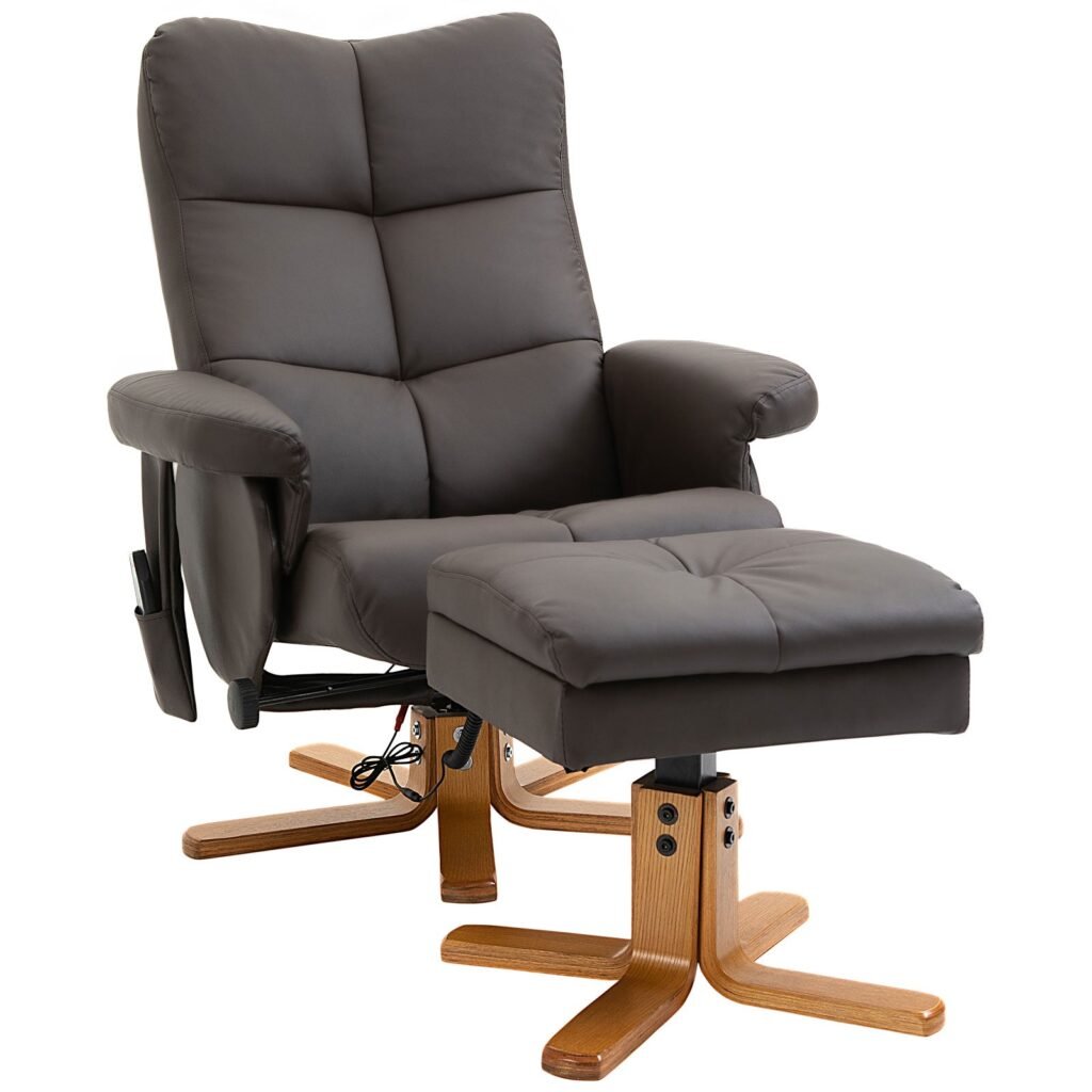 Afslappende lænestol med lænefunktion massagestol med fodskammel tv-stol tv-stol 145Â° vipbar lænestol ergonomisk stol med 10 vibrationspunkter kunstlæder brun 80 x 86 x 99 cm