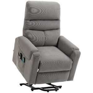 Tv-stol med elektrisk hæve-sænke, massagestol med lænefunktion og varmefunktion, afslapningsstol med fjernbetjening og sidelomme, justerbart polyesterstof, mørkegrå