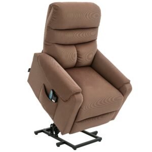Tv-stol med elektrisk hæve-sænke, massagestol med lænefunktion og varmefunktion, afslapningsstol med fjernbetjening og sidelomme, justerbart polyesterstof, brun